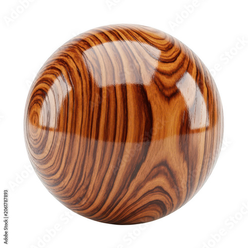 Polished wooden sphere with natural grain pattern, glossy wood ball orb on white background, decorative timber globe for interior design