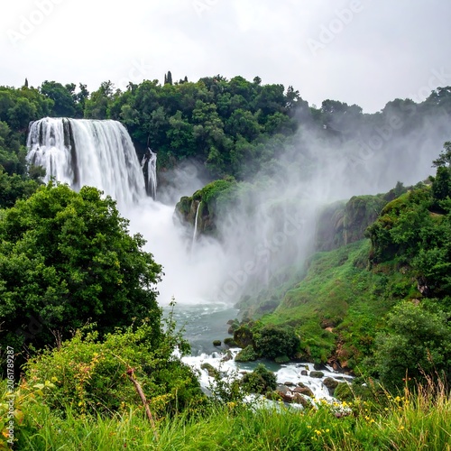 A serene waterfall cascades down a lush green cliff surrounded by dense foliage and mist