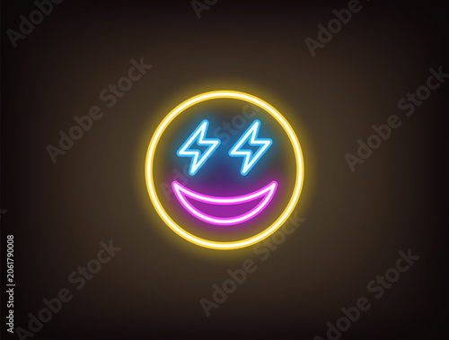 Outline neon pleasure emoji, yellow blue magenta. Neon emoji with lightning eyes and smile. Excitement emoticon, anticipation feeling, enthusiasm face, surprise, flash eyes, positive mood. Vector