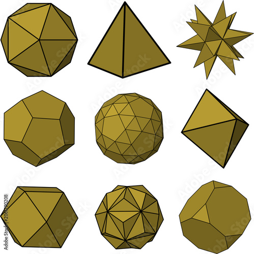 Bild auf Leinwand Golden geometric polyhedron and platonic solids set, design for: science education textbooks, minimalist graphic design elements, 3D printing hobbyist blogs