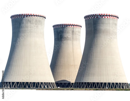A set of three industrial cooling towers with distinctive red and white trim