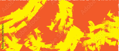 Energetic yellow abstract brush strokes on vibrant orange background.