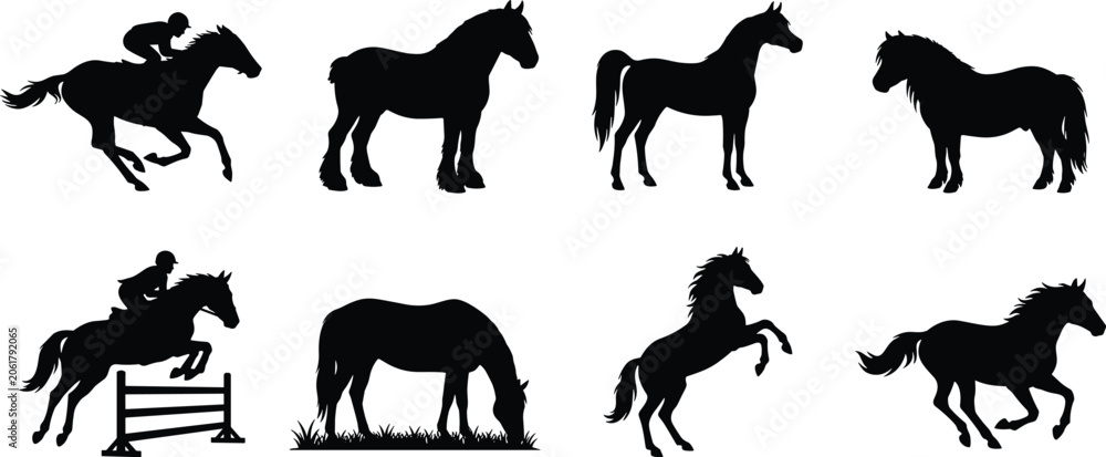 Εκτύπωση καμβά Horse Silhouette Collection Featuring Running Rearing Grazing Draft Horses Ponie