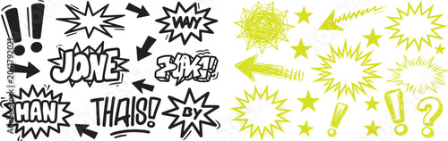 Hand drawn comic book speech bubbles and graphic design elements vector set with arrows stars and exclamation marks