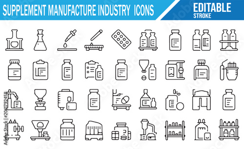 Editable Stroke Supplement Industry Icons for Pharmacy Production and Packaging Design