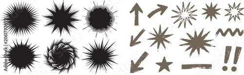 Comic book explosion speech bubbles and hand drawn grunge arrow vector elements set for manga design