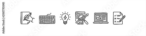 Obraz na płótnie Set of hand-drawn minimalist icons for business and content creation including writing, keyboard, idea lightbulb, data analysis, laptop, and task checklist
