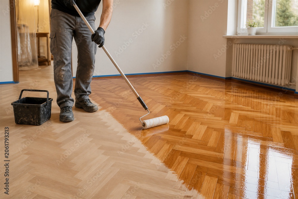 Fototapeta premium Worker applying varnish to wooden floor in empty room