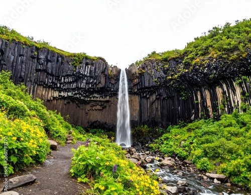 A serene waterfall cascades down a rocky cliffside surrounded by lush greenery and vibrant yellow flowers