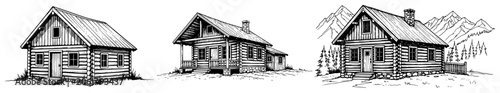 Log cabin set showing rustic mountain huts and alpine landscape scenery in black and white line art style