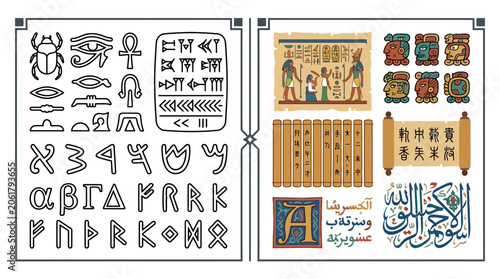 Photos Ancient scripts set with hieroglyphs and runic symbols.