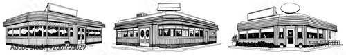 Retro American diner buildings and classic roadside restaurants in architectural sketch style