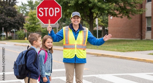 A smiling female crossing guard in a high-visibility vest holding a red stop sign to safely guide two young students across a road.