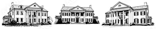 Foto Colonial mansions and plantation houses with pillars in architectural sketch sty