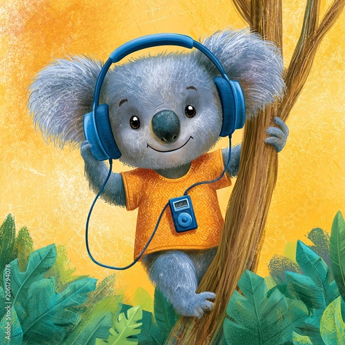 Cute cartoon koala listening to music with headphones on a tree branch