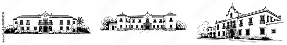 Fototapeta premium Spanish mission style building and colonial hacienda architecture in black and white sketch style