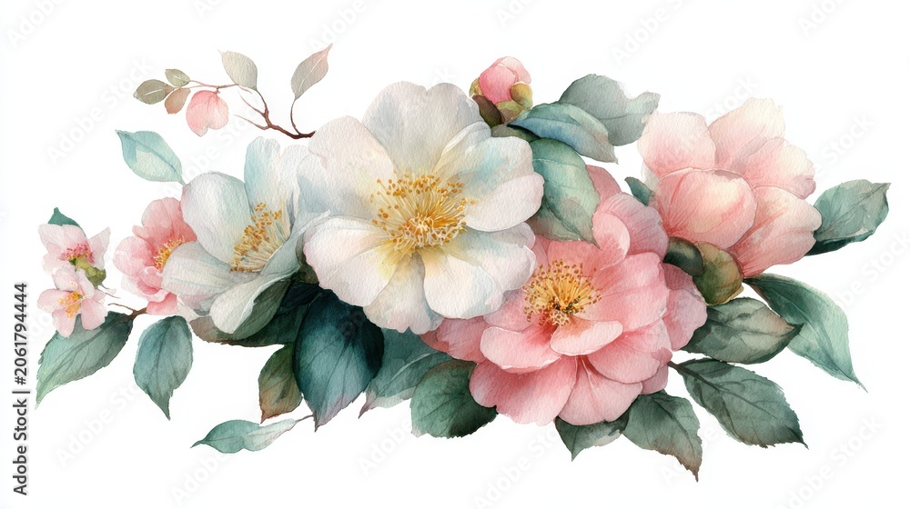 Fototapeta premium Hand-painted watercolor bouquet of camellia and peony flowers with gentle textures, isolated on white