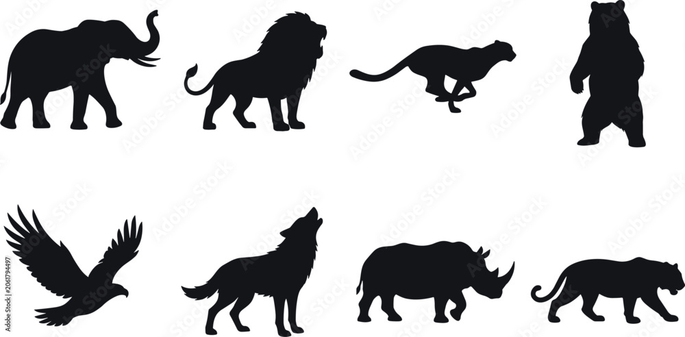 Fototapeta premium Wild animal black silhouettes set featuring elephant, lion, cheetah, bear, eagle, wolf, rhinoceros, and tiger isolated on white background