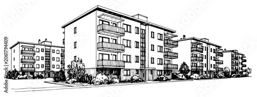 Apartment buildings in modern residential neighborhood in black and white sketch style