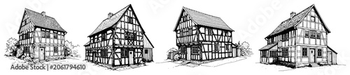 Foto Traditional half timbered houses and classic European cottages in black and whit