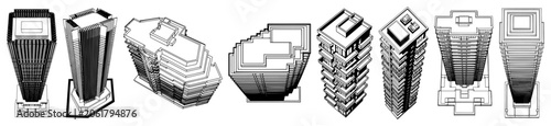 Fotografie Skyscraper building collection featuring high-rise urban structures in black and