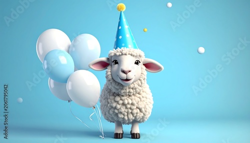 A sheep wearing a blue party hat stands beside white and blue balloons on a light blue background