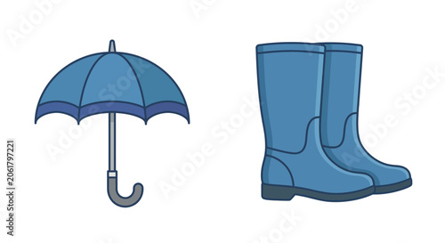 Blue umbrella and matching rubber rain boots icons.