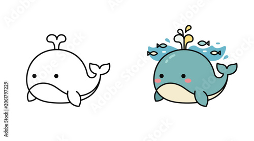 Fotografie Blue whale spouting water ocean coloring page.