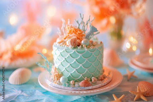 Underwater fantasy birthday cake with mermaid accents, coral elements, and blue frosting