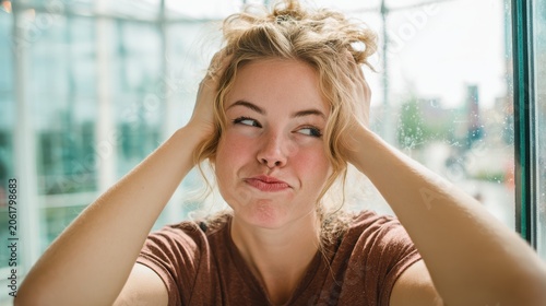 Whimsical close-up of a woman with a goofy expression pressed against a window pane