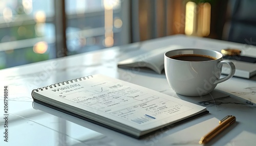 Desk with Coffee and Notebook, Morning Work Session.