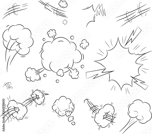Сomic book style explosion clouds, bomb blast effects, puff smoke, and speed motion lines. Black and white isolated vector elements for pop art, manga, and cartoon. Collection of hand drawn.
