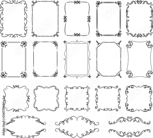 Set of elegant hand drawn vintage frames, decorative borders, and vignette elements isolated on a white background. Perfect for wedding invitations, certificates, cards, and retro design projects. Vec