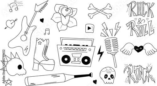 Rock and roll, punk, and heavy metal music doodle elements. Set includes electric guitar, boombox, skulls, microphone, rose, crossbones, and lettering isolated on a white background. Vector illustrati