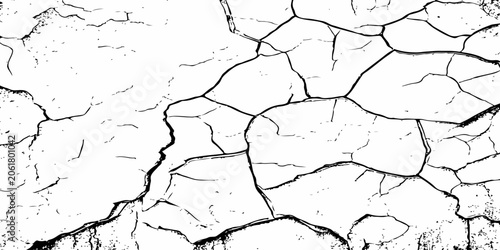 Foto A high-contrast, black and white texture overlay of extensively cracked and distressed dry ground, featuring jagged, organic fissures and subtle granular details against a stark white background