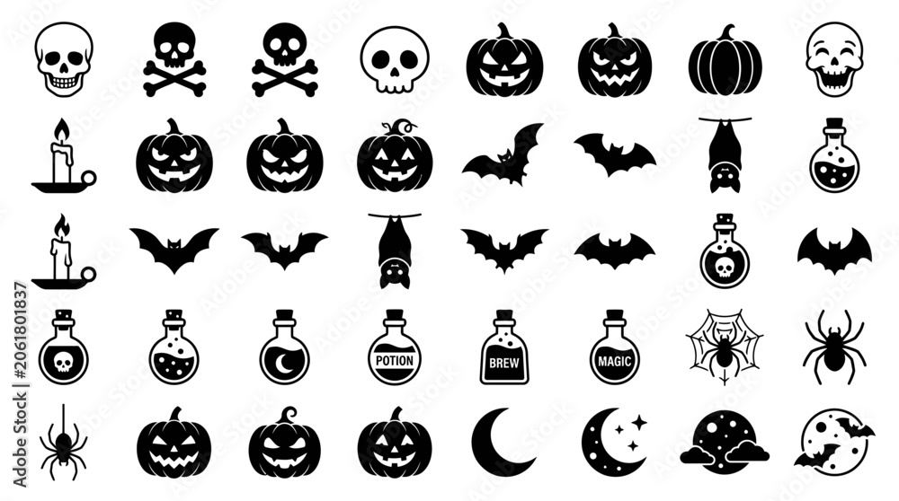 Fototapeta premium Halloween Icons Collection Skull Pumpkin Bat Potion Spider Moon