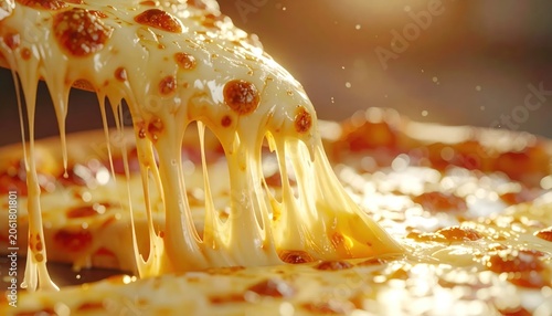 Delicious Cheesy Pizza Slice Being Lifted with Molten Cheese Pull.