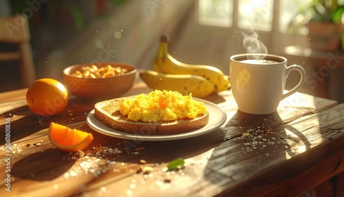 Delicious Breakfast Spread with Scrambled Eggs, Waffles, and Coffee.