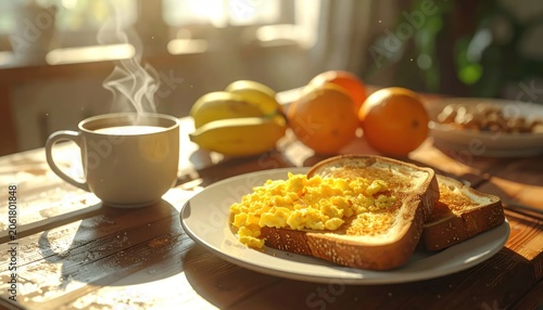 Delicious Breakfast Spread with Scrambled Eggs, Toast, and Coffee.