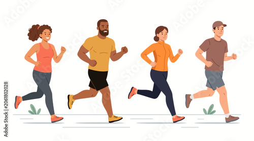 Flat Style Group of People Running Warm Color Palette Isolated on White