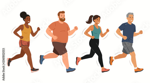 Flat Style Group of People Running Warm Color Palette Isolated on White