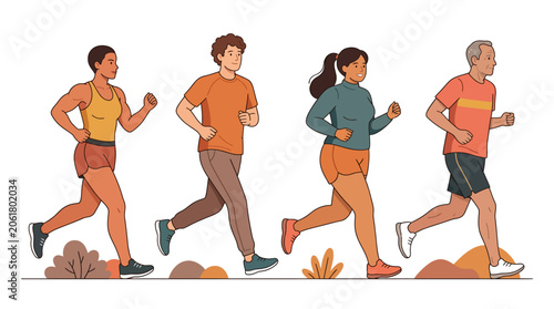 Flat Style Group of People Running Warm Color Palette Isolated on White