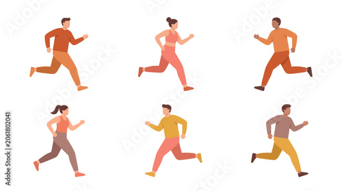 Flat Style Group of People Running Warm Color Palette Isolated on White