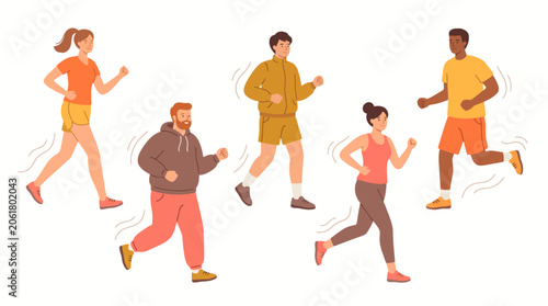 Flat Style Group of People Running Warm Color Palette Isolated on White
