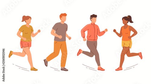 Flat Style Group of People Running Warm Color Palette Isolated on White