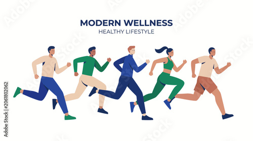 Modern Flat Vector Runners in Sportswear Fresh Color Fitness Illustration