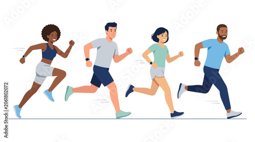 Flat Vector Illustration of Five People Running Premium Modern Fitness Concept
