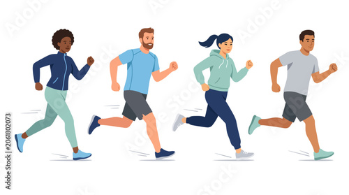 Flat Vector Illustration of Five People Running Premium Modern Fitness Concept