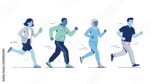 Flat Vector Illustration of Five People Running Premium Modern Fitness Concept