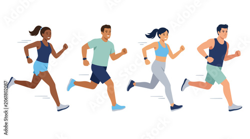 Flat Vector Illustration of Five People Running Premium Modern Fitness Concept